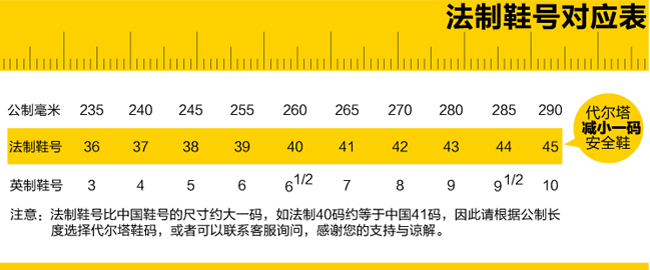 代爾塔安全鞋對(duì)照表